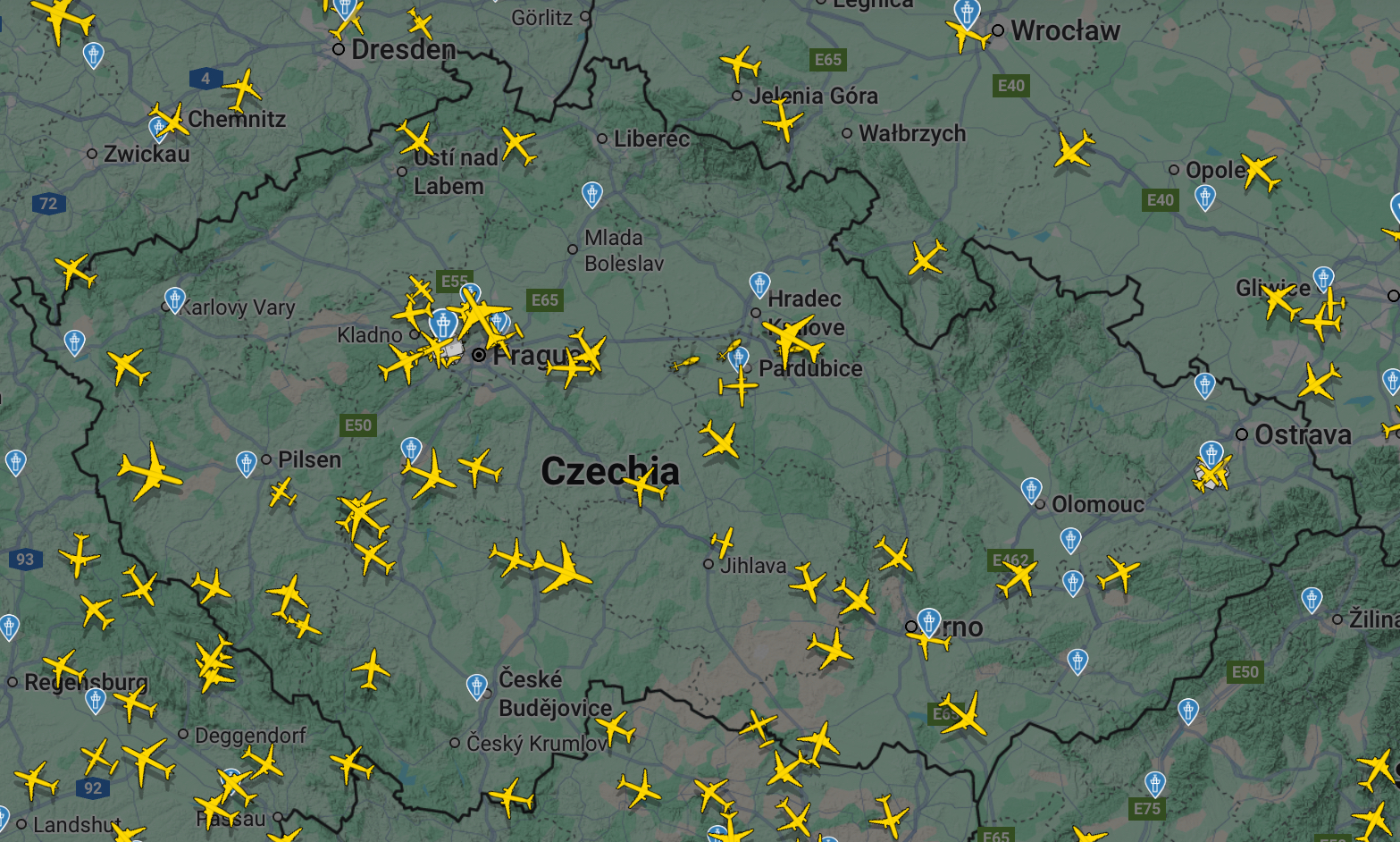 Pohyb letadel - Flight radar 24